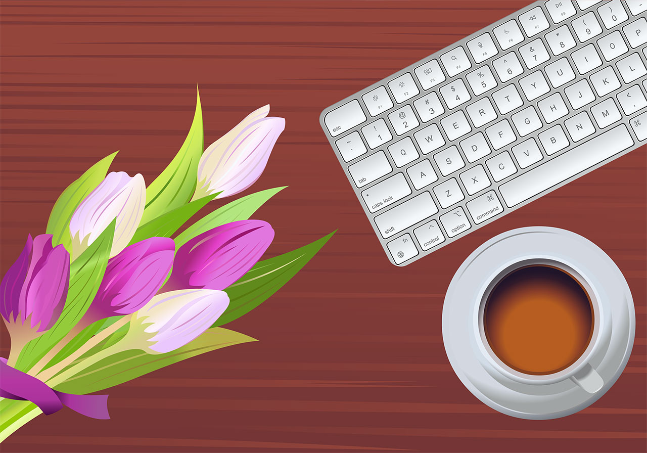 Keyboard, flower, tea vector graphic. A computer keyboard, tulip flowers, tea on a table vector graphic. A bouquet of tulips and a cup of coffee, positioned alongside a computer keyboard vector graphic. Vector graphic with CC0 license, best for a variety of projects, including designs, animations, and more.