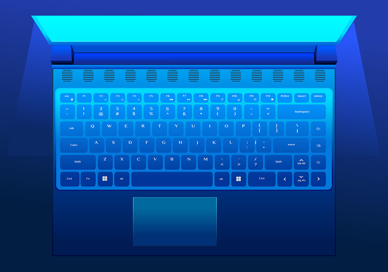 Laptop, notebook, computer vector graphic. Laptop in a blue lighting vector graphic. Top-down view of an open laptop computer vector graphic. A laptop illuminated with a vibrant, almost neon cyan light vector graphic. Vector graphic with CC0 license, best for a variety of projects, including designs, animations, and more.