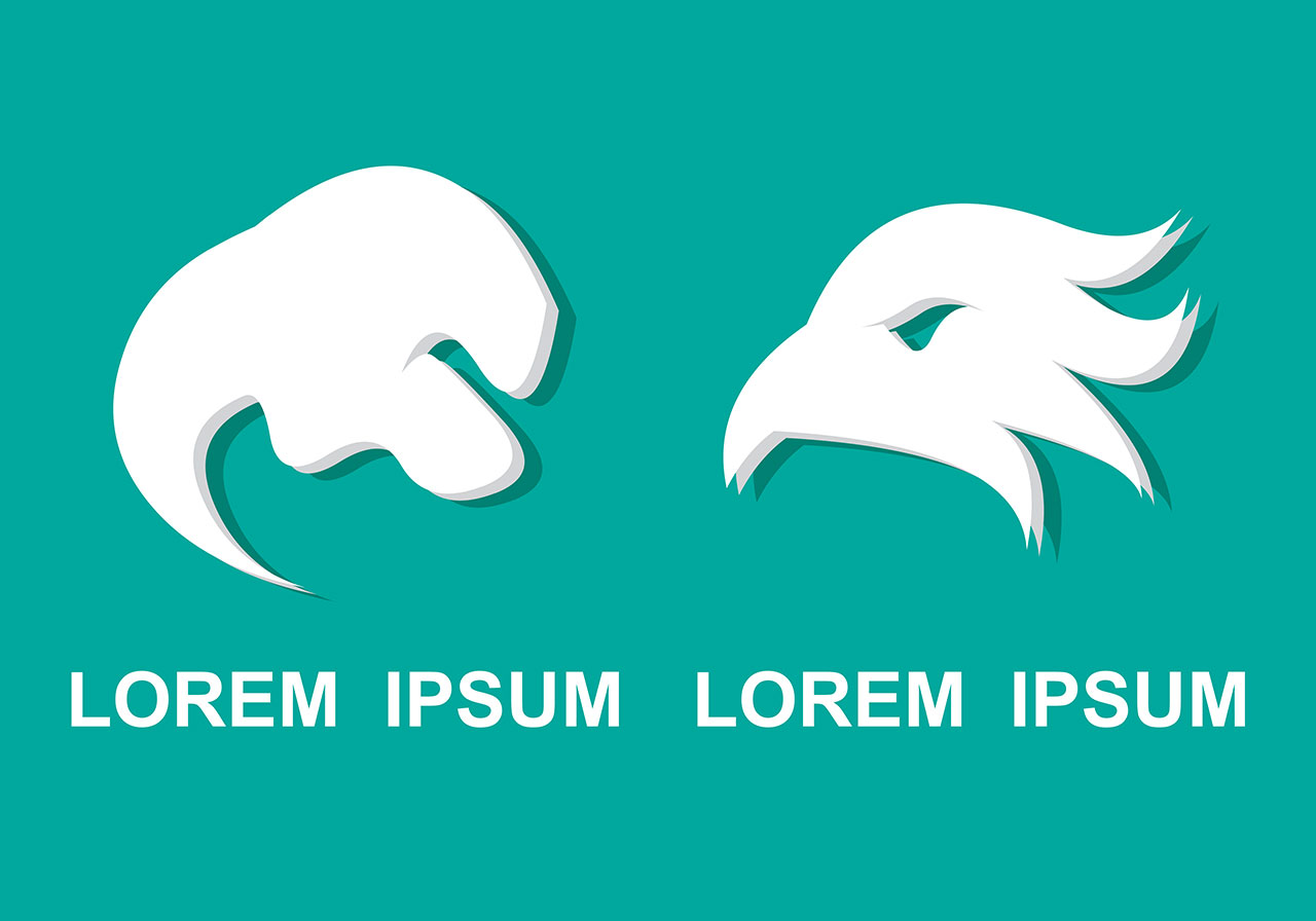 Logo, icon, brand vector graphic. Two stylized elephant and eagle logos, icons vector graphic. Set of white logos, icons with shadows appear to be floating on a vibrant teal-colored background vector graphic. Vector graphic with CC0 license, best for a variety of projects, including designs, animations, and more.