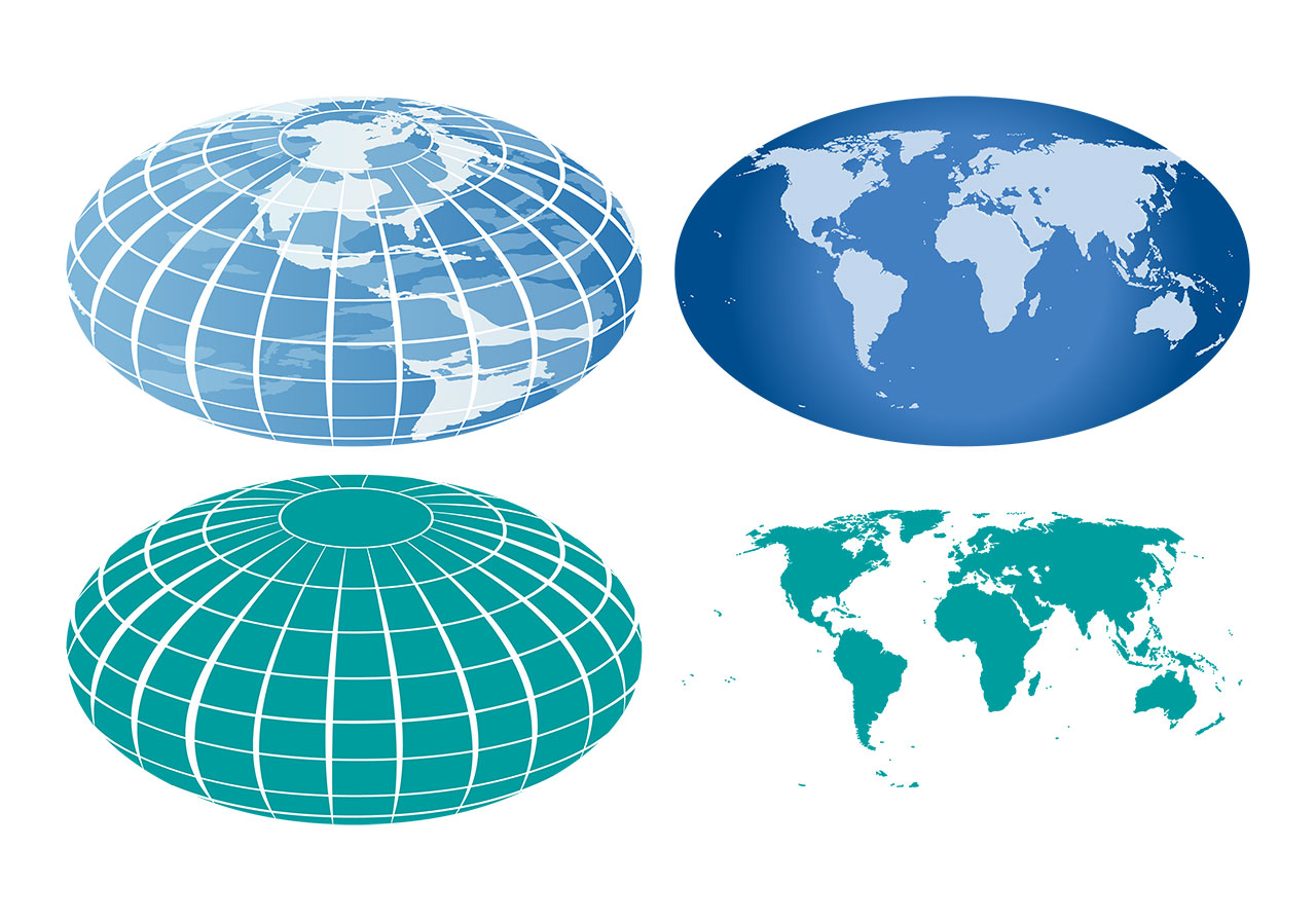Map, globe, world vector graphic. Set of stylized globes, world maps vector graphic. Flat world map showing the landmasses of the continents, vector graphic. An oval-shaped representation of the Earth's surface vector graphic. Vector graphic with CC0 license, best for a variety of projects, including designs, animations, and more.