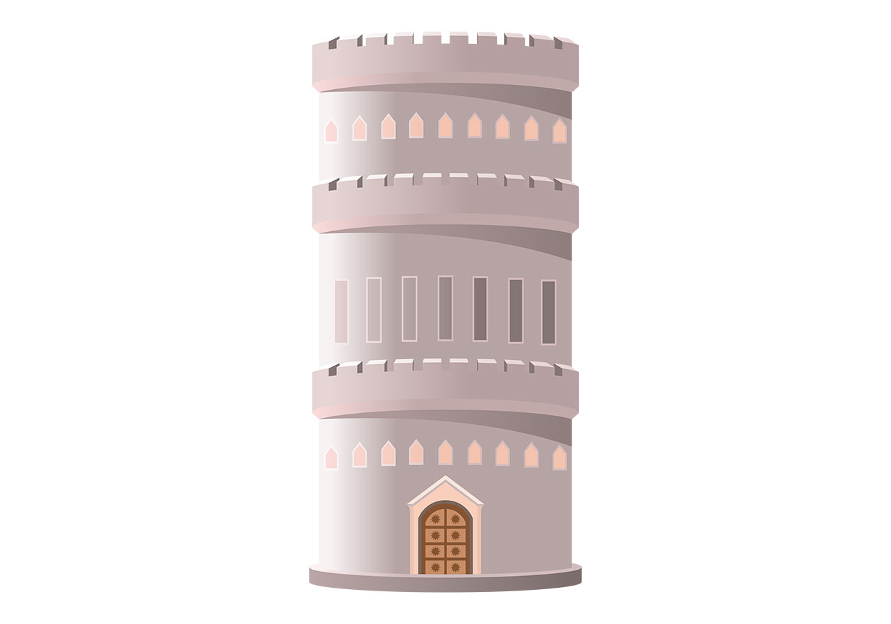 Miner, tower, fort vector graphic. A cylindrical, multi-tiered miner that resembles a castle turret vector graphic. Fairytale fort, miner, tower vector graphic. Vector graphic with CC0 license, best for a variety of projects, including designs, animations, and more.