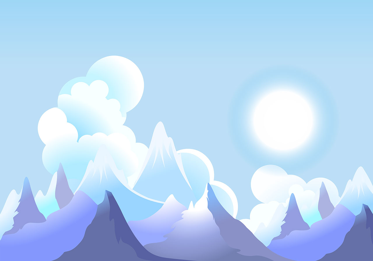 Mountain, hill, clouds vector graphic. Beautiful mountains under clouds vector graphic. A stylized, snow-capped mountain and a bright, luminous sun under bright white clouds vector graphic. Vector graphic with CC0 license, best for a variety of projects, including designs, animations, and more.