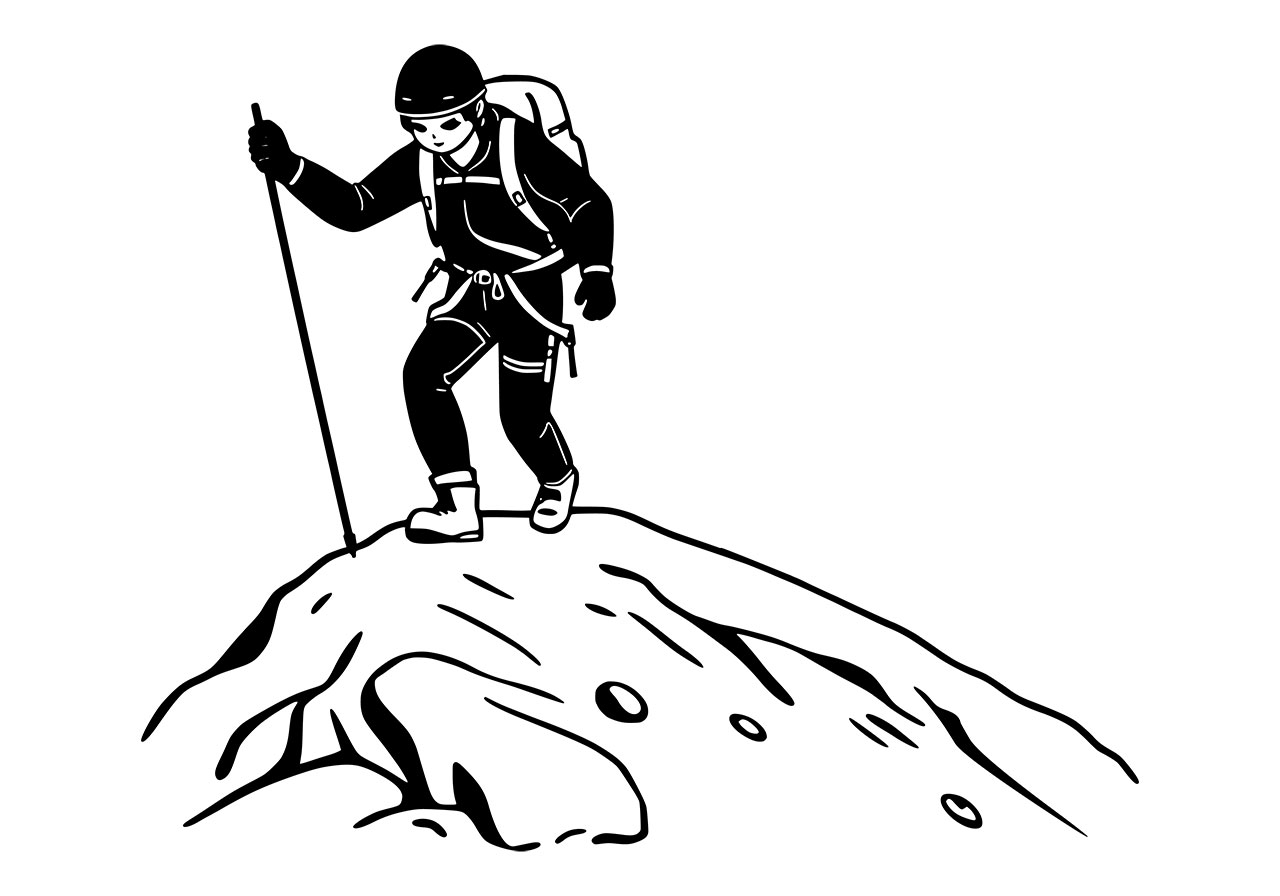 Mountaineer, climber, sport vector graphic. A climber outfitted in mountaineering gear clip art, line art vector graphic. A mountaineer climbing a mountain, black and white clip art vector graphic. Vector graphic with CC0 license, best for a variety of projects, including designs, animations, and more.