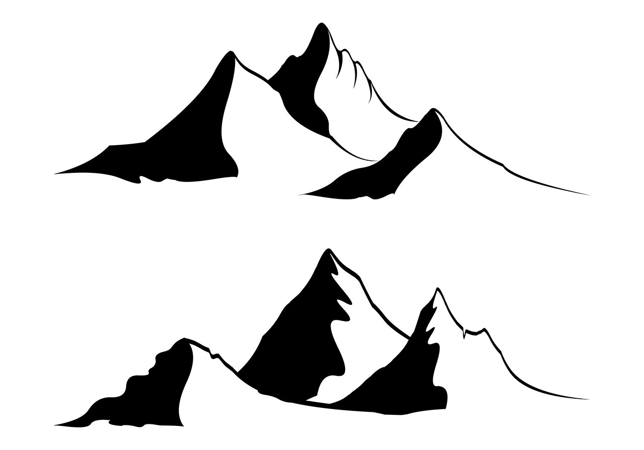 Mountains line art vector graphic. Black and white line art of mountains vector graphic. Clip art of mountains, hills, peaks vector graphic. Vector graphic with CC0 license, best for a variety of projects, including designs, animations, and more.