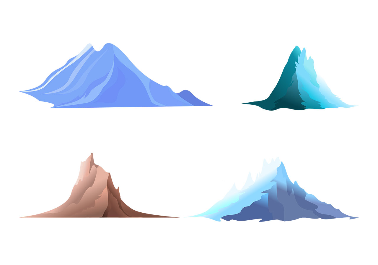 Mountains, mountain ranges vector graphic. Set of mountains, hills, peaks vector graphic. A collection of four distinct, stylized mountains vector graphic. Vector graphic with CC0 license, best for a variety of projects, including designs, animations, and more.