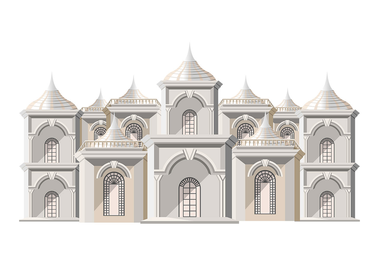 Palace, castle, temple vector graphic. A symmetrical, repeating architectural style with multiple towers and arched windows vector graphic. Fairytale castle vector graphic. Vector graphic with CC0 license, best for a variety of projects, including designs, animations, and more.