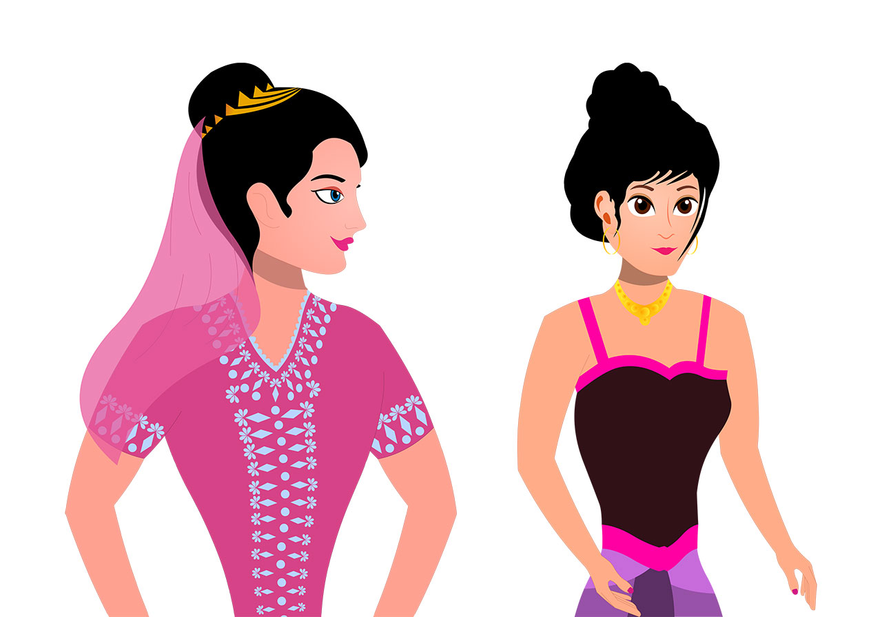 Princess, cartoon, character vector graphic. A set of two cartoon princesses vector graphics. Two young princesses vector graphic. Fairytale princess, queen vector graphic. Vector graphic with CC0 license, best for a variety of projects, including designs, animations, and more.