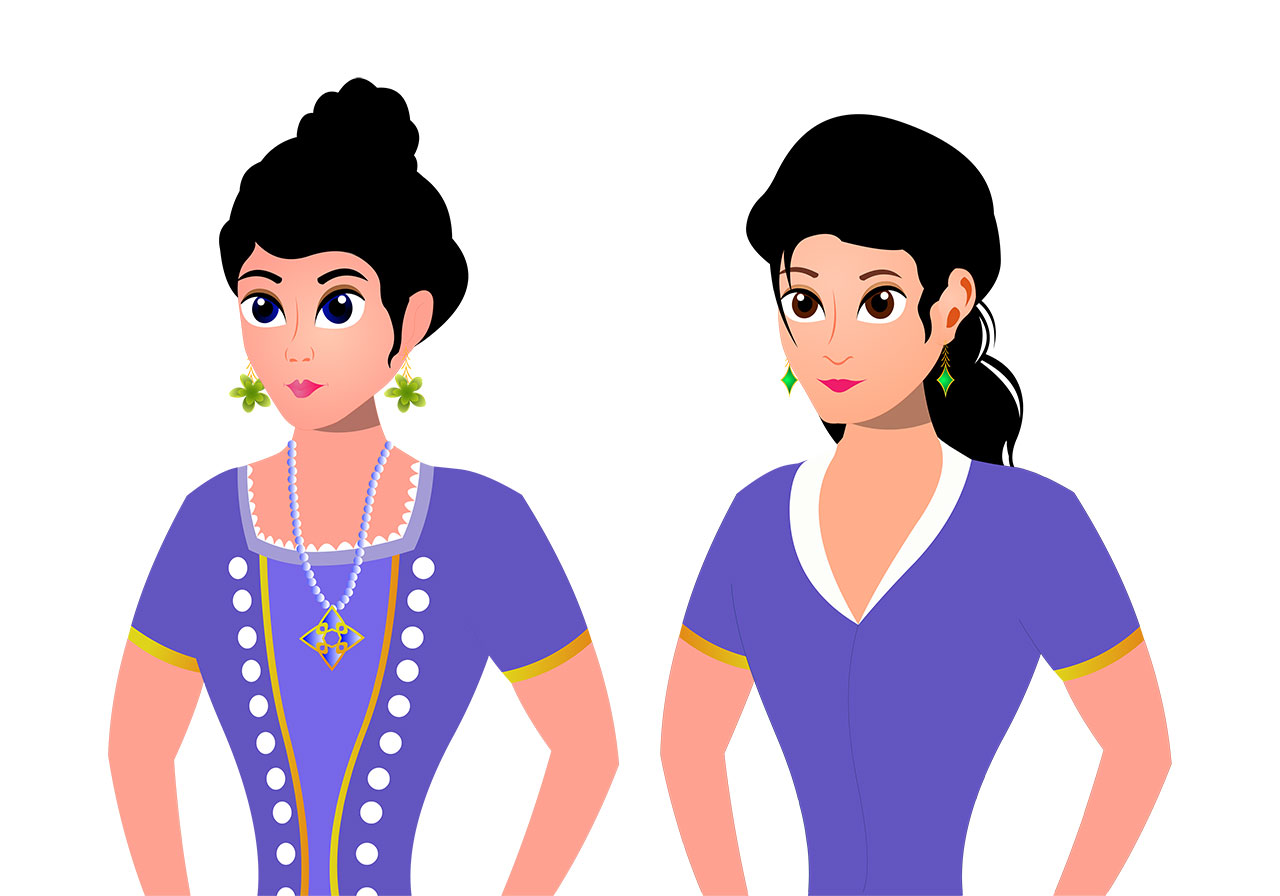 Princess, queen, character vector graphic. A set of two cartoon princesses, queen vector graphic. Two stylized, animated princesses positioned side-by-side vector graphic. Cute, Cartoon princesses vector graphic. Vector graphic with CC0 license, best for a variety of projects, including designs, animations, and more.