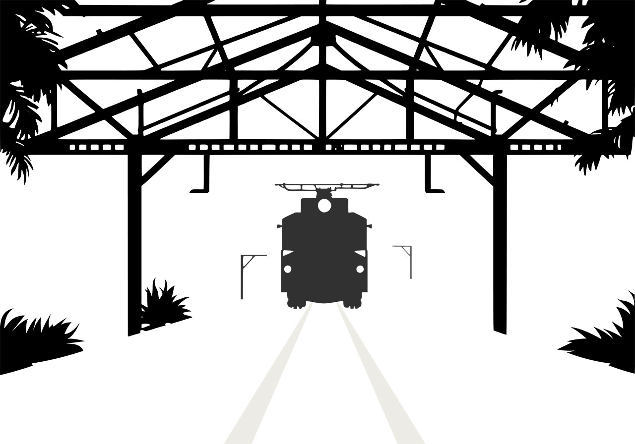 Rail station outline vector graphic. Black and white clip art of a silhouette of a rail station vector graphic. Line art, clip art of a rail platform vector graphic. Front view of a dark, silhouetted train locomotive in a station vector graphic. Vector graphic with CC0 license, best for a variety of projects, including designs, animations, and more.