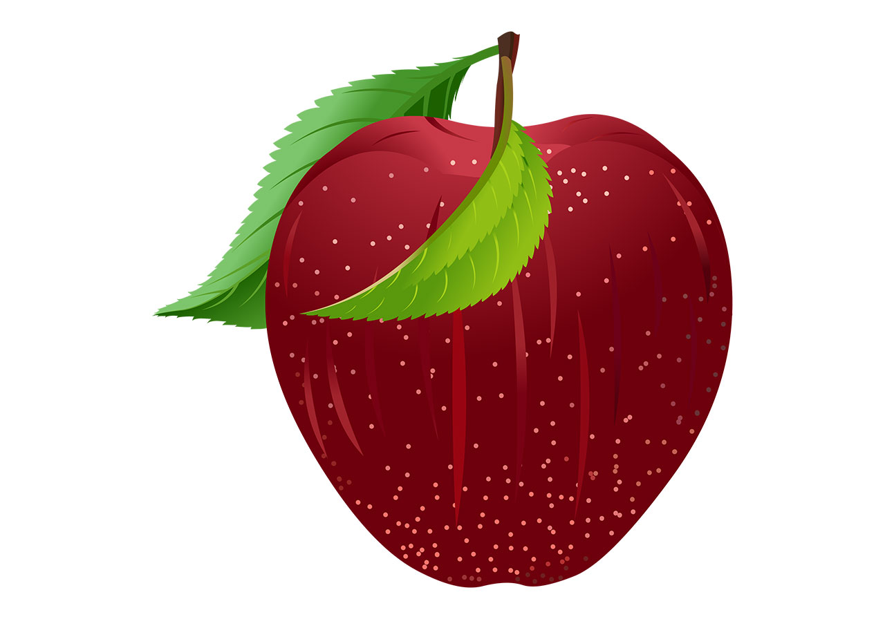 Ripe fruit, apple vector graphic. Fruit with leaves vector graphic. Beautiful red ripe apple with leaves vector graphic. An apple is depicted in a stylized, illustrative manner, showcasing its rich, dark red skin vector graphic. Vector graphic with CC0 license, best for a variety of projects, including designs, animations, and more.