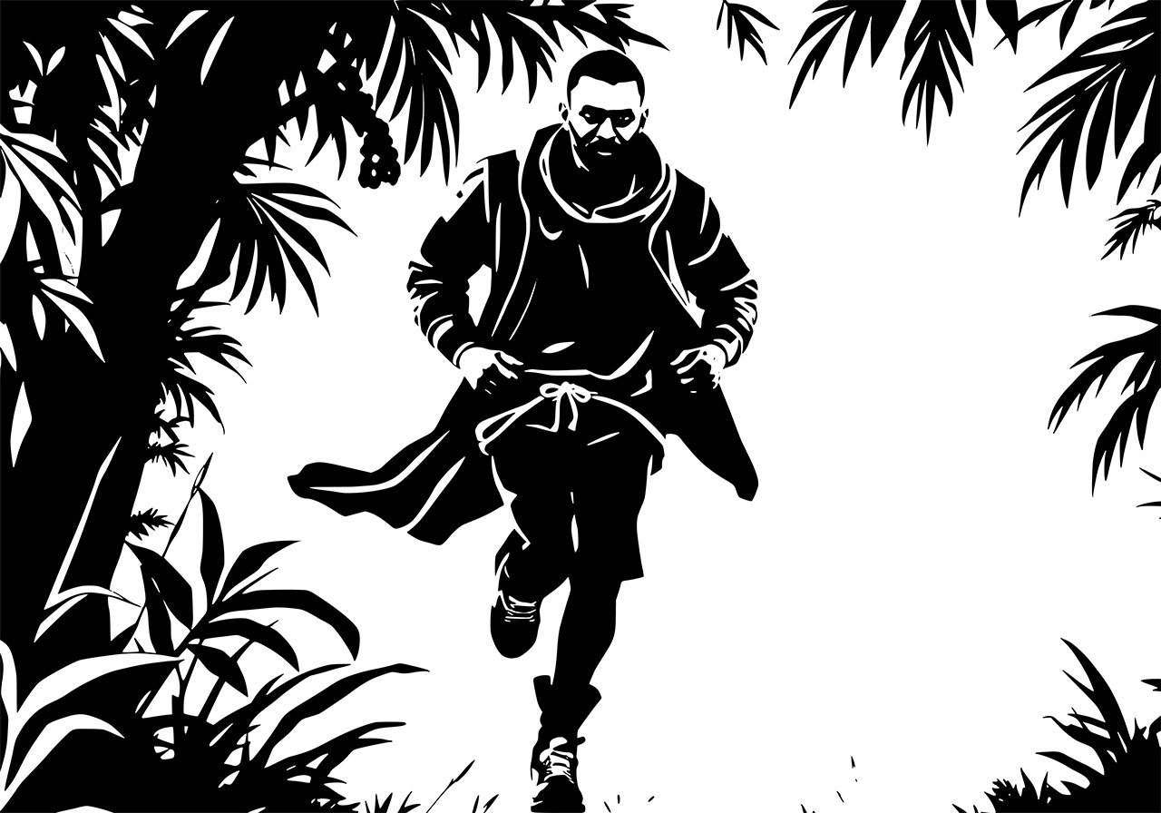 Running in jungle vector graphic. A man running through a jungle clip art, line art vector graphic. Black and white Arabian Nights silhouette, a man running in the jungle vector graphic. Vector graphic with CC0 license, best for a variety of projects, including designs, animations, and more.