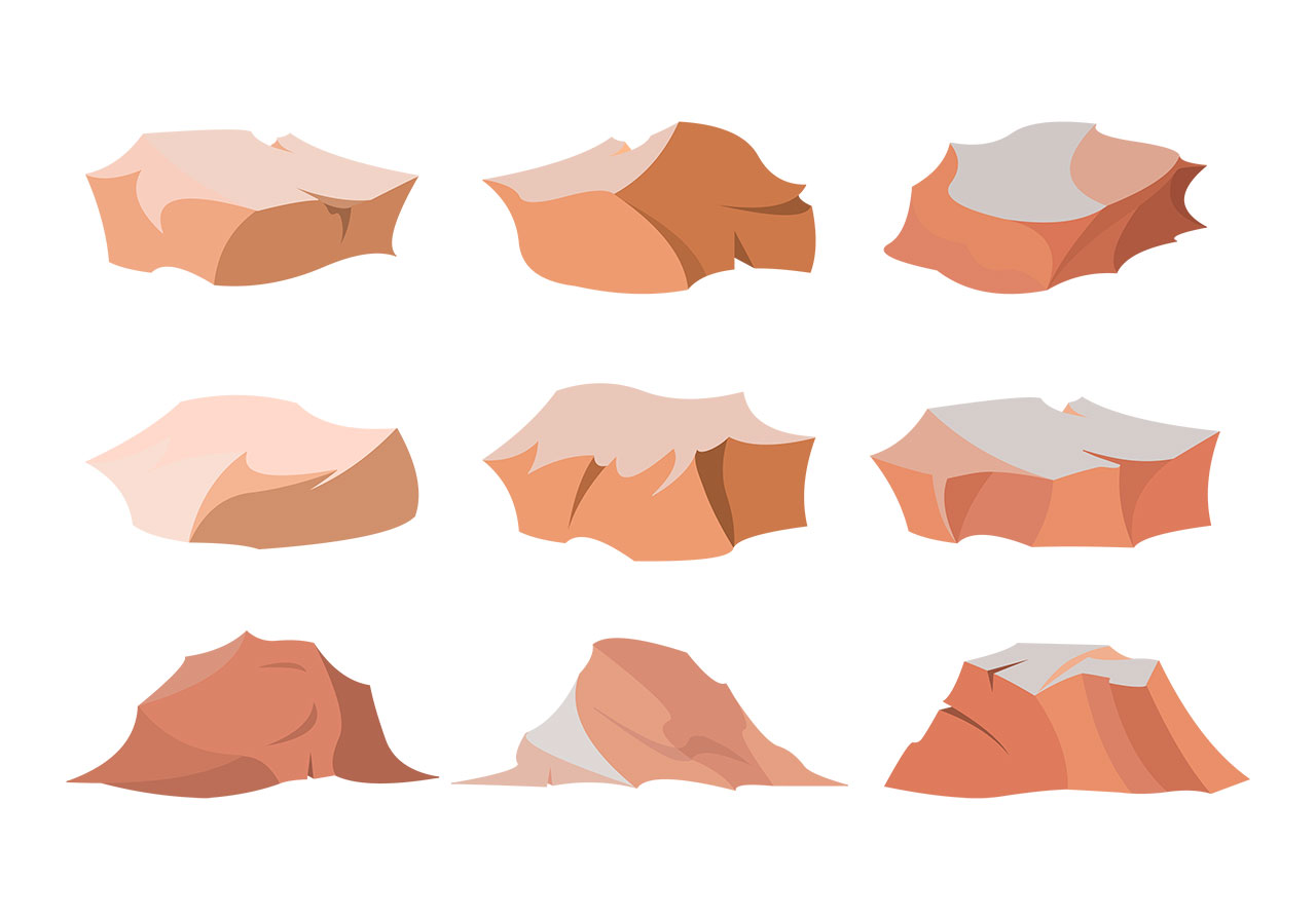 Sandstone, desert rock vector graphic. Set of brown sandstone, desert rock vector graphic. Set of nine distinct, stylized desert rocks vector graphic. Rocks, stones, boulders vector graphic. Vector graphic with CC0 license, best for a variety of projects, including designs, animations, and more.