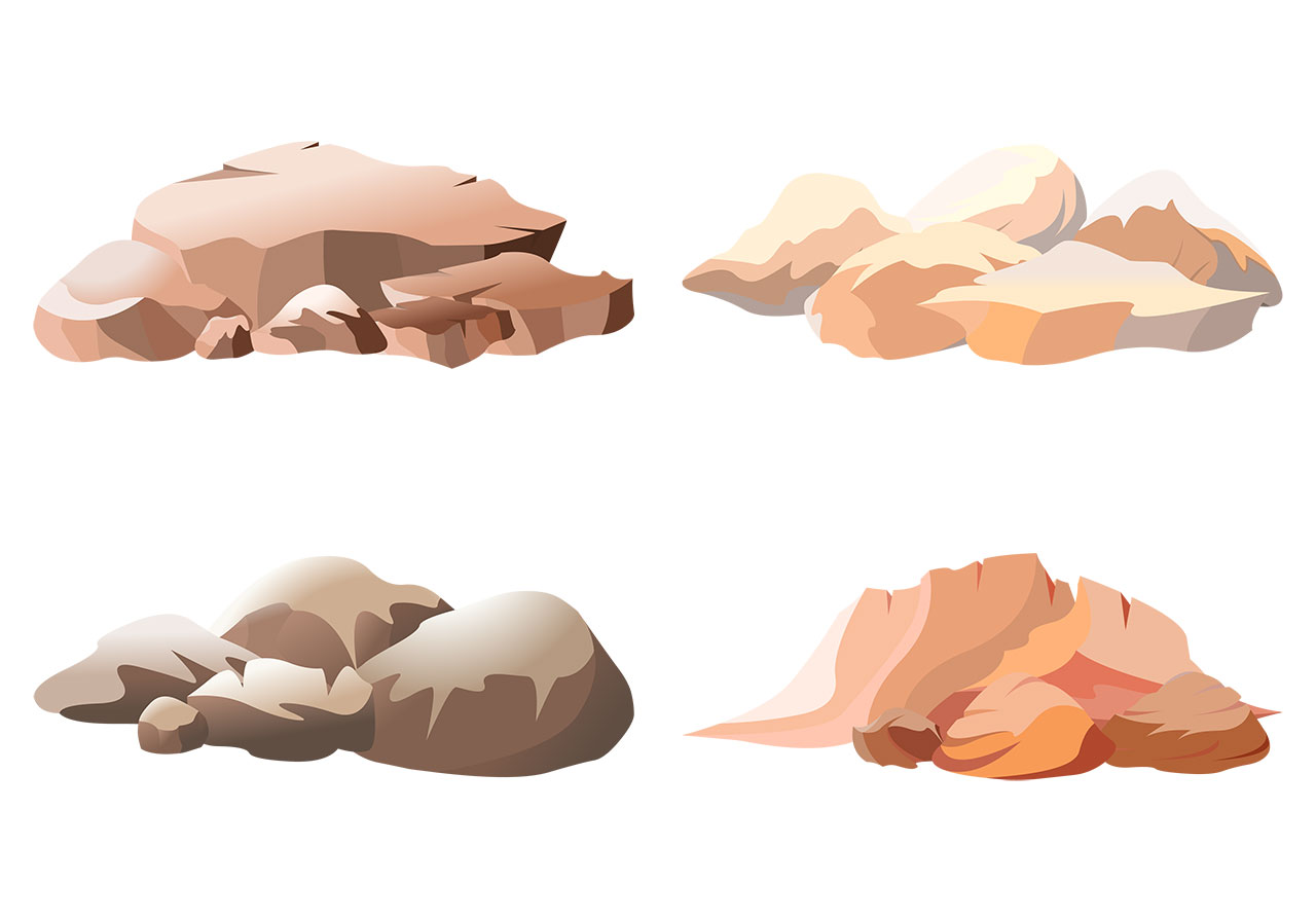 Sandstones, rocks, boulders vector graphic. Set of sandstones, rocks vector graphic. Four distinct clusters of stylized rocks vector graphic. Desert rocks, stones vector graphic. Vector graphic with CC0 license, best for a variety of projects, including designs, animations, and more.