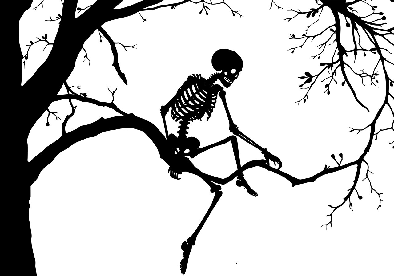 Scary, skeleton, ghost vector graphic. A skeleton sitting on a tree branch, creating a scary atmosphere vector graphic. Skeleton on a tree vector graphic. Vector graphic with CC0 license, best for a variety of projects, including designs, animations, and more.