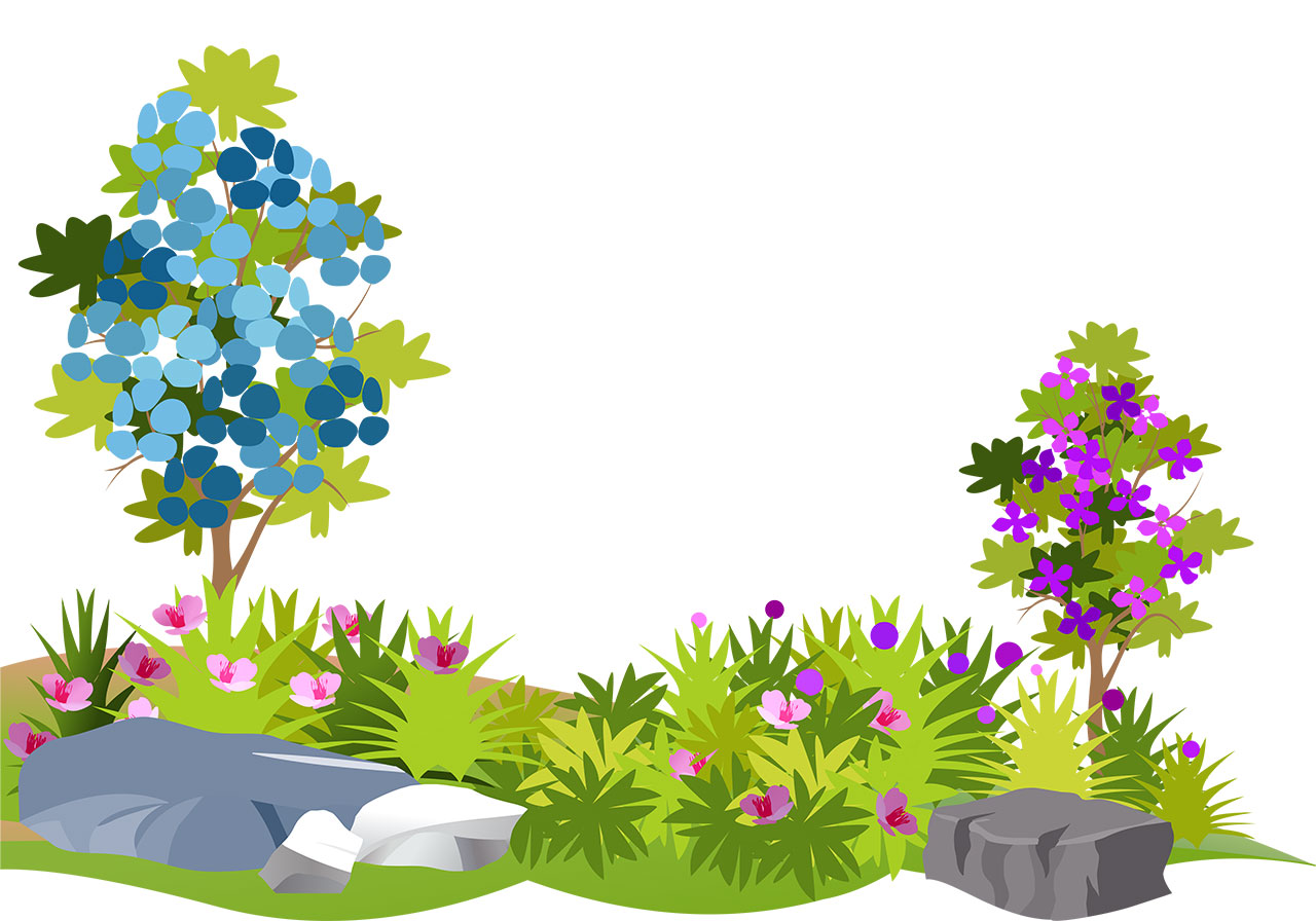 Shrub, bush, tree vector graphic. Tall flowering trees with shrubs, bushes, and grasses along with rocks. Colourful blooming trees with bushes and rocks vector graphic. Vector graphic with CC0 license, best for a variety of projects, including designs, animations, and more.