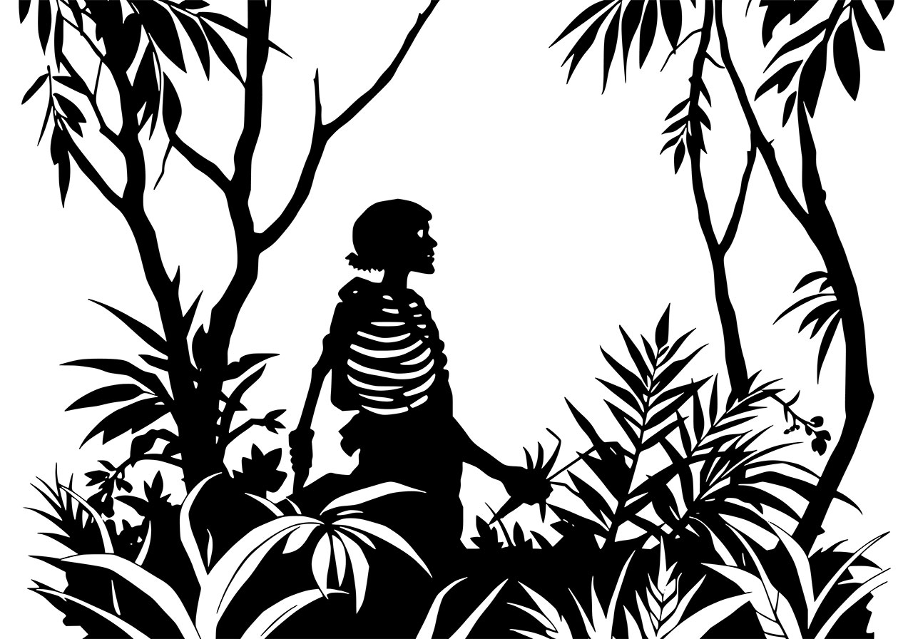 Skeleton in jungle vector graphic. A haunted jungle and a skeleton standing in the jungle vector graphic. Clip art, line art vector graphic. Black and white silhouette of a haunted jungle vector graphic. Vector graphic with CC0 license, best for a variety of projects, including designs, animations, and more.