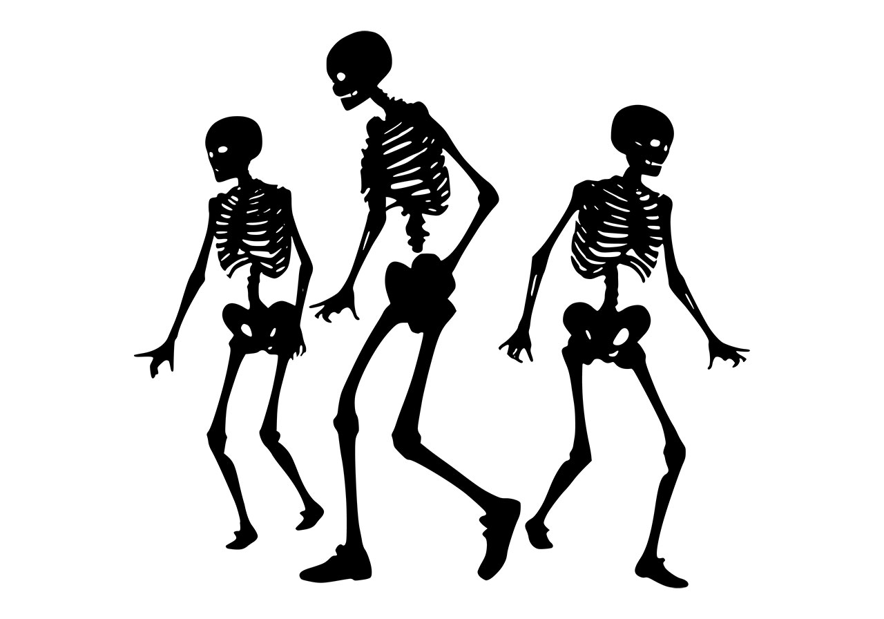 Skeletons clip art vector graphic. Black and white clip art of skeletons vector graphic. Skeletons line art vector graphic. Scary, haunted clip art of three skeletons vector graphic. Vector graphic with CC0 license, best for a variety of projects, including designs, animations, and more.