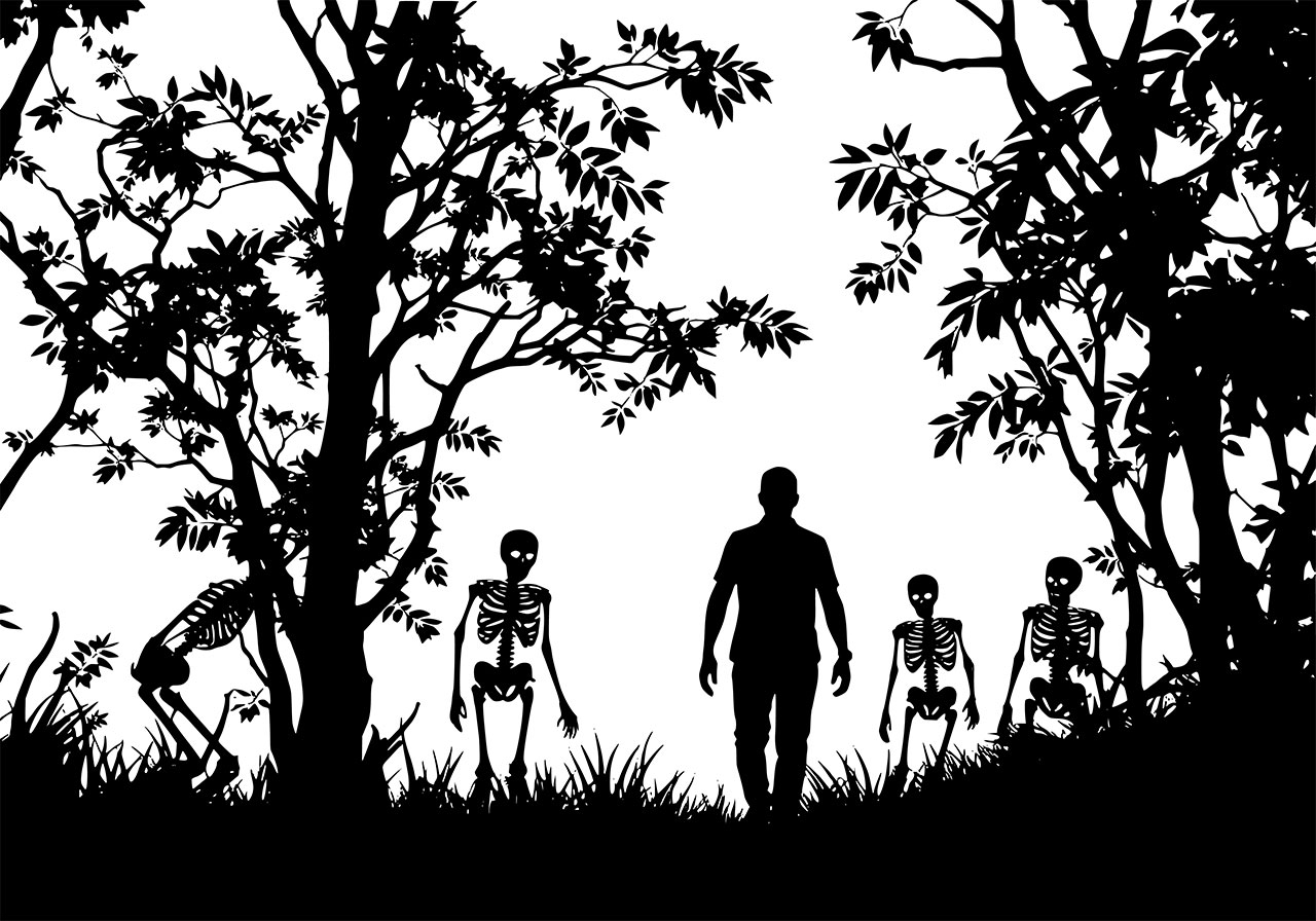 Skeletons, haunted, jungle vector graphic. Black and white clip art of a silhouette of a haunted jungle, where some skeletons follow a man vector graphic. Line art, clip art of a haunted jungle silhouette vector graphic. Vector graphic with CC0 license, best for a variety of projects, including designs, animations, and more.