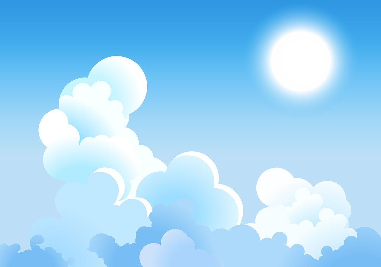Sky, blue clouds vector graphic. Beautiful clouds vector graphic. Stylized, puffy clouds and a bright, luminous sun vector graphic. Stunning blue-white clouds on a blue sky vector graphic. Vector graphic with CC0 license, best for a variety of projects, including designs, animations, and more.