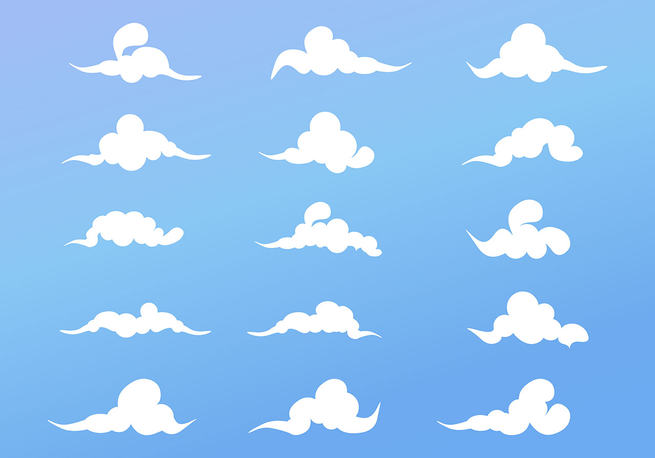 Sky, clouds, cloudy vector graphic. Beautiful stylized, cartoonish clouds vector graphic. Stunning white clouds vector graphic. A set of white 2d clouds vector graphic. Vector graphic with CC0 license, best for a variety of projects, including designs, animations, and more.