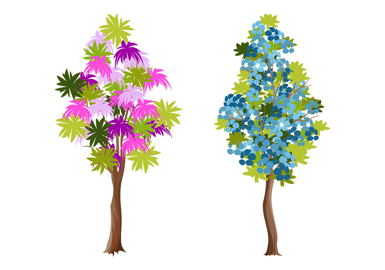 Tall flowering tree vector graphic. Set of two beautiful, tall, flowering trees vector graphic. Two stylized trees with a dense canopy vector graphic. Cartoon tree vector graphic. Vector graphic with CC0 license, best for a variety of projects, including designs, animations, and more.