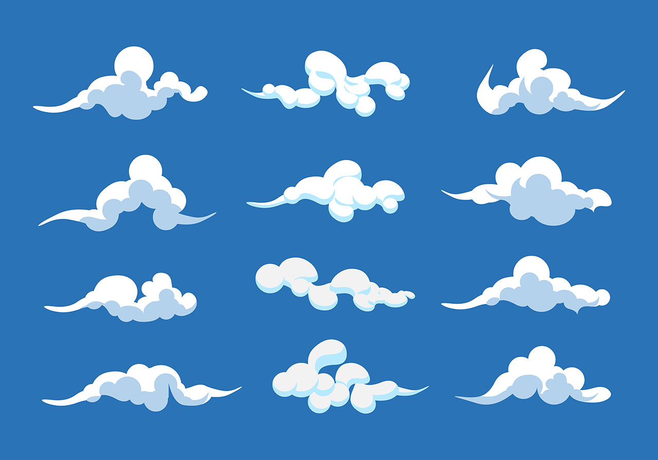 White clouds, cloudy vector graphic. Set of simple white, sharp clouds vector graphic. Floating white clouds vector graphic. A collection of twelve stylized, illustrative cloud vector graphics. Vector graphic with CC0 license, best for a variety of projects, including designs, animations, and more.