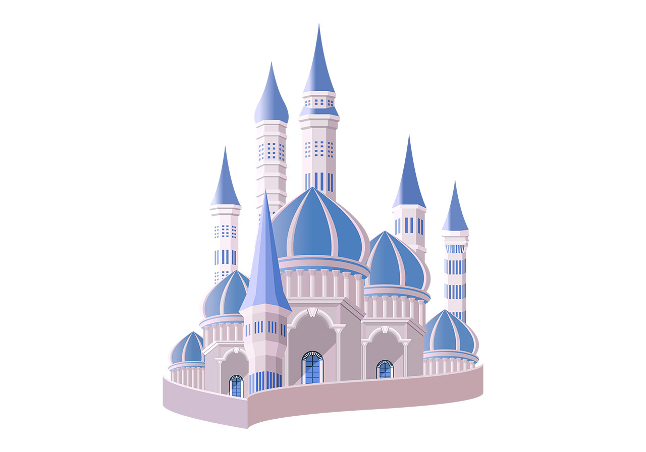 Beautiful fairytale castle vector graphic. Stunning blue temple, pagoda vector graphic. Beautiful fairytale castle, fort, palace vector graphic. A stylized, fantastical castle featuring multiple towers and domes vector graphic. Vector graphic with CC0 license, best for a variety of projects, including designs, animations, and more.