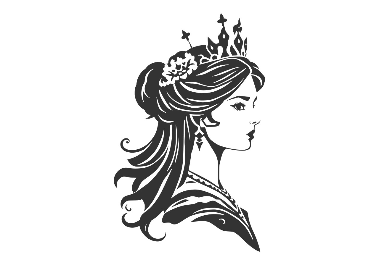 Beautiful princess, queen vector graphic. Beautiful princess clip art vector graphic. Beautiful black and white line art of a fairytale queen, princess, character vector graphic. Vector graphic with CC0 license, best for a variety of projects, including designs, animations, and more.