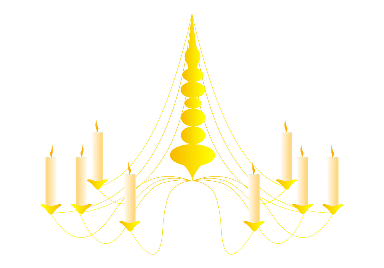 Cartoon chandelier, decoration vector graphic. Beautiful golden chandelier vector graphic. Stunning classic chandelier with candles vector graphic. Vector graphic with CC0 license, best for a variety of projects, including designs, animations, and more.