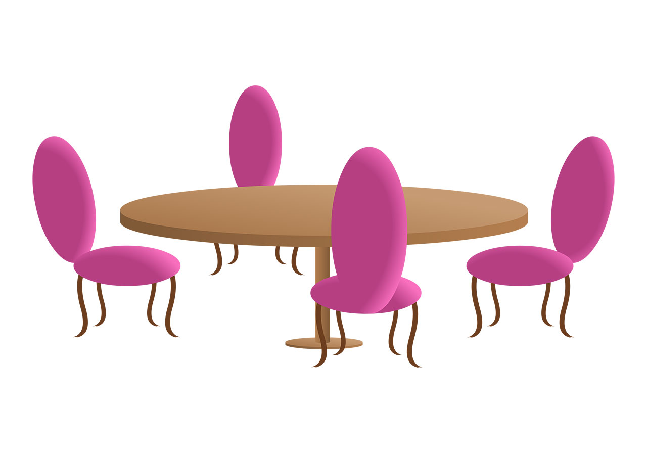 Cartoon dining table vector graphic. Four cartoon chairs arranged around a round table vector graphic. Vector graphic with CC0 license, best for a variety of projects, including designs, animations, and more.