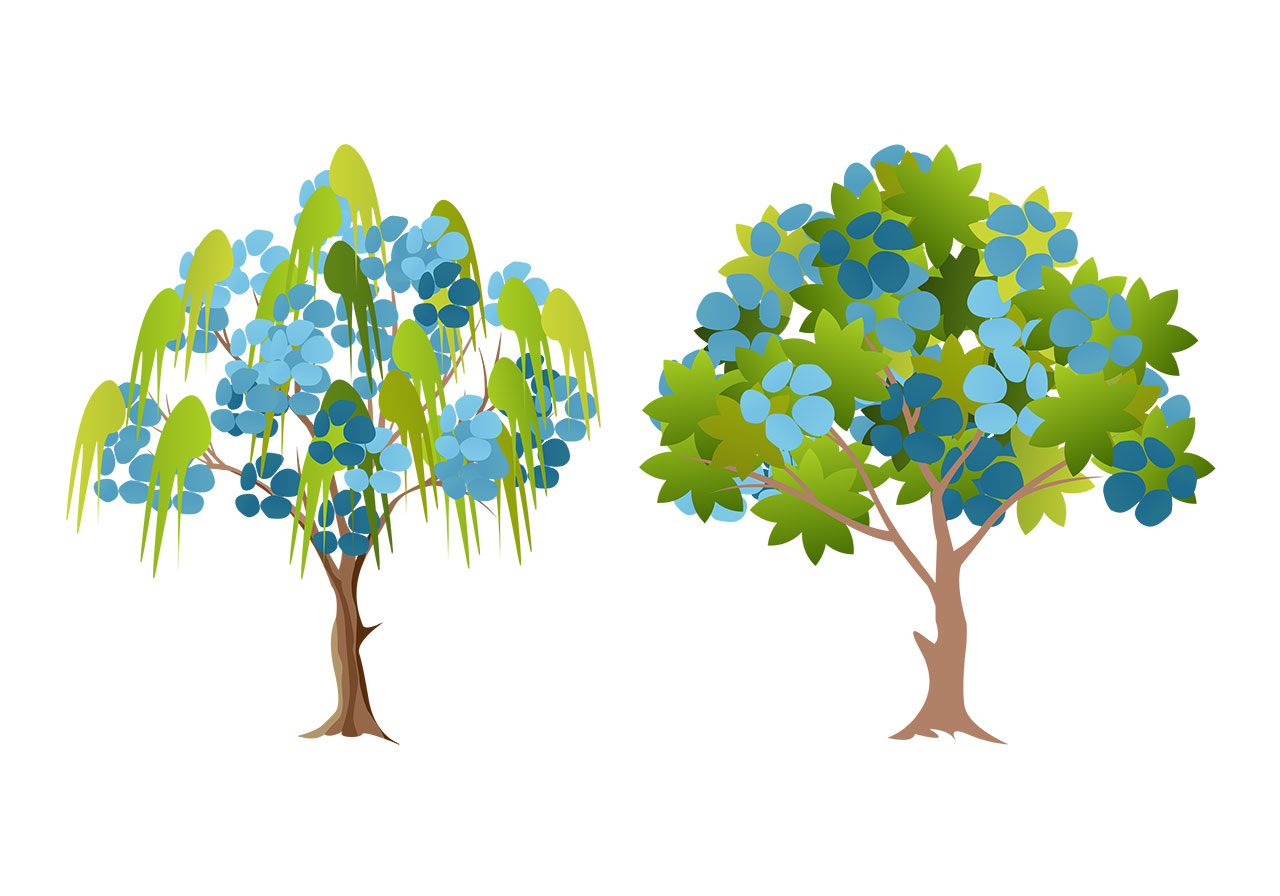 Cartoon flowering tree vector graphic. Set of cartoon flowering tree vector graphics. Two stylised trees, one with clusters of bright blue blossoms and the other surrounded by clusters of round, bright blue blossoms vector graphic. Vector graphic with CC0 license, best for a variety of projects, including designs, animations, and more.