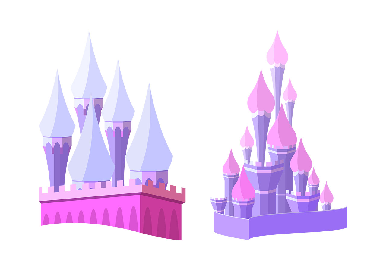 Cartoon forts, castles vector graphic. Set of cartoon fairytale castles, forts vector graphic. A walled fortress with multiple tall, pointed spires rising from behind a crenellated wall, also featuring numerous pointed spires of varying heights vector graphic. Vector graphic with CC0 license, best for a variety of projects, including designs, animations, and more.