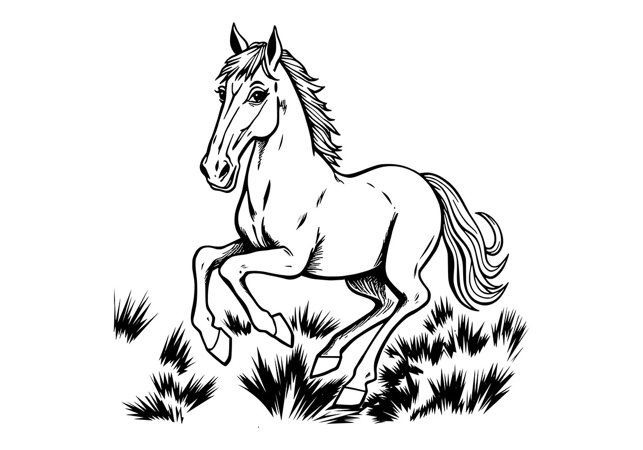 Cartoon horse, animal vector graphic. Horse line art vector graphic. Horse, animal clip art vector graphic. Black and white outline of a cute horse vector graphic. Vector graphic with CC0 license, best for a variety of projects, including designs, animations, and more.