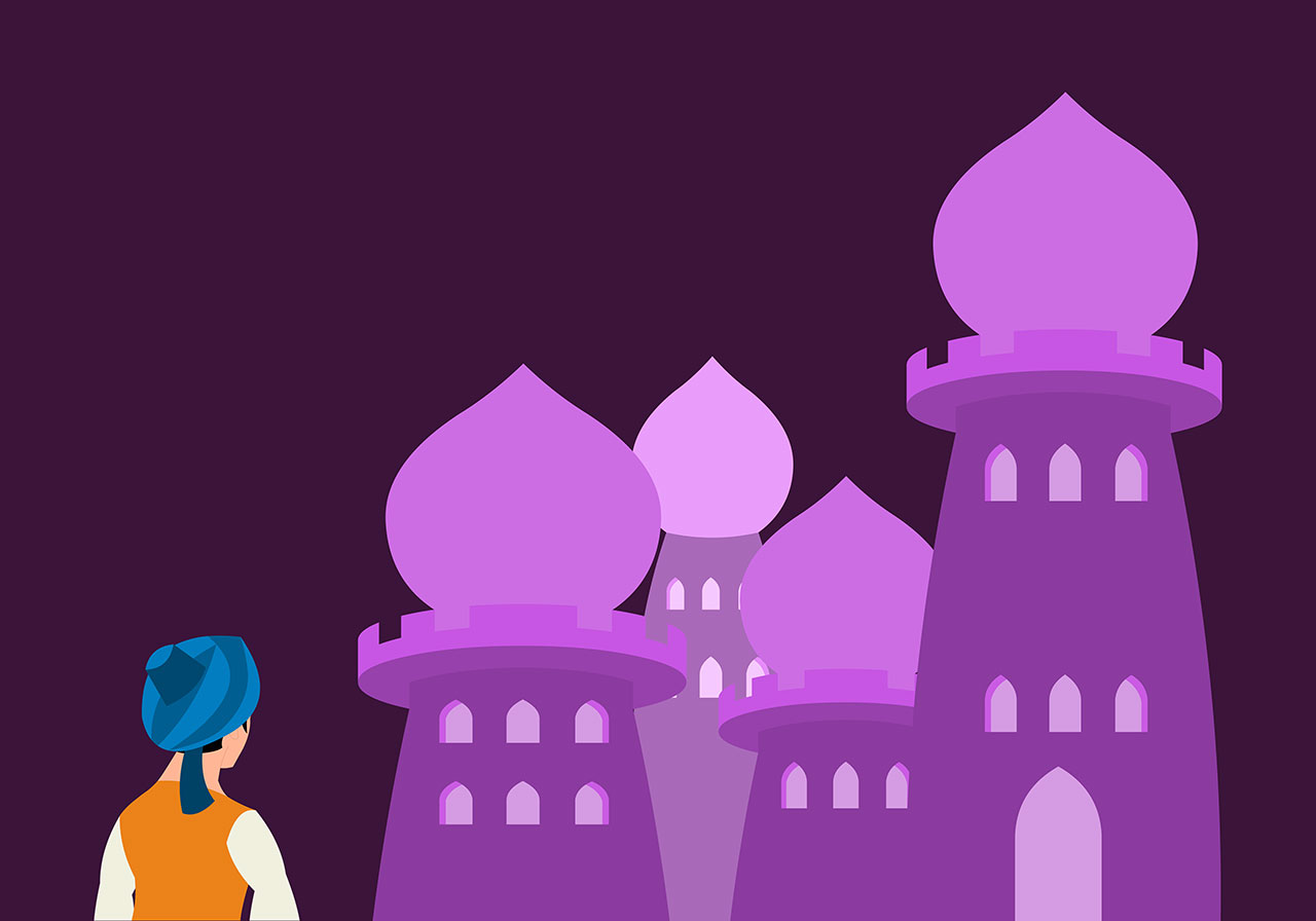 Castle at night vector graphic. Arabian castle, fort at night scene vector graphic. Castle, fort at night vector graphic. Arabian castle with several domed towers, reminiscent of minarets or opulent palaces vector graphic. Vector graphic with CC0 license, best for a variety of projects, including designs, animations, and more.