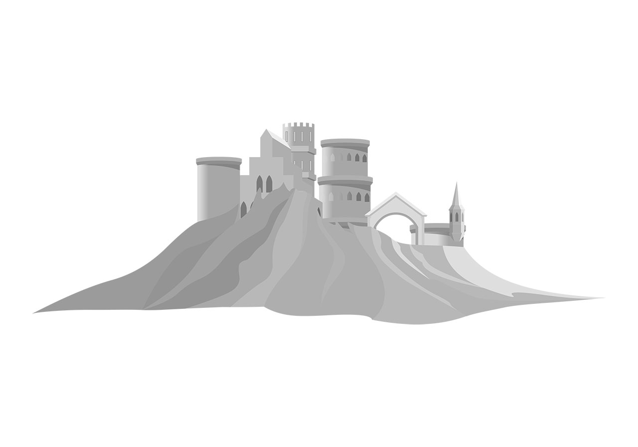 Castle on mountain vector graphic. Castle, fort, palace vector graphic. Grey castle on hill vector graphic. Mountain, hill, mountain range, peak vector graphic. Vector graphic with CC0 license, best for a variety of projects, including designs, animations, and more.