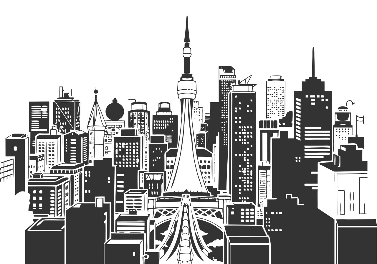 Cityscape clip art vector graphic. Cityscape clip art vector graphic. Black and white line art of a cityscape vector graphic. A stylized, graphic depiction of a cityscape. Dominating the center is a tall, tapering tower, reminiscent of the Eiffel Tower or Tokyo Tower, with a pointed spire at its apex vector graphic. Vector graphic with CC0 license, best for a variety of projects, including designs, animations, and more.