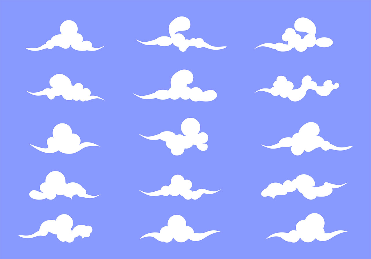 Clouds, cloudy, sky vector graphic. A set of 2d white clouds vector graphics. Beautiful white clouds vector graphic. A collection of stylized, cartoonish white clouds vector graphics. Vector graphic with CC0 license, best for a variety of projects, including designs, animations, and more.