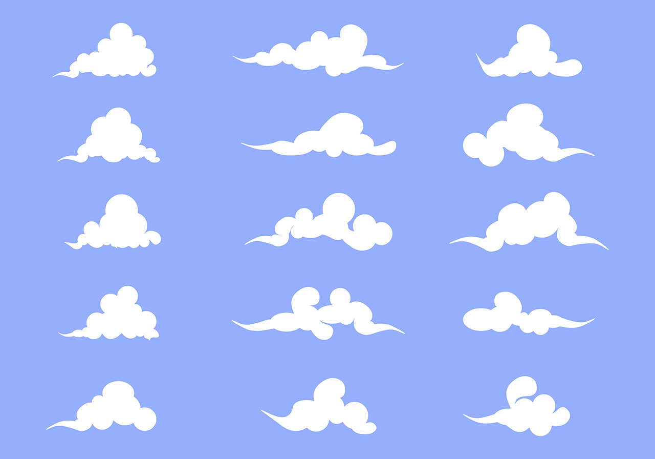 Cloudy, white clouds vector graphic. Set of white clouds vector graphic. 2d clouds vector graphic. A set of cartoon clouds vector graphic. Vector graphic with CC0 license, best for a variety of projects, including designs, animations, and more.