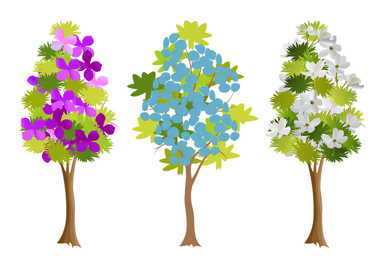 Flowering plant, tree vector graphic. Beautiful flowering tree vector graphic. Stunning tall tree vector graphic. Set of stylized trees adorned with vibrant flowers and green foliage vector graphic. Vector graphic with CC0 license, best for a variety of projects, including designs, animations, and more.