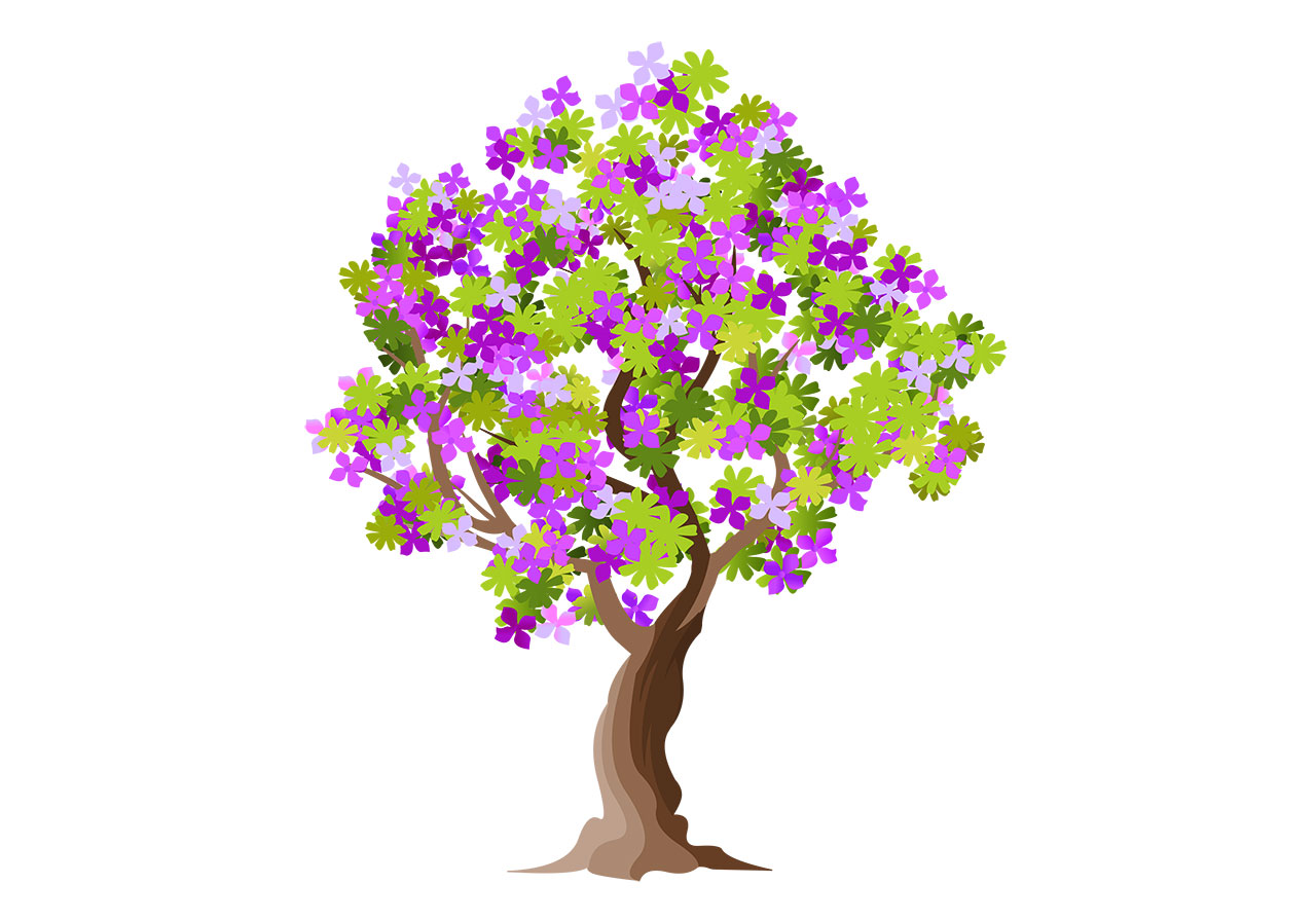 Flowering tree, plant vector graphic. Beautiful pink purple flowering tree vector graphic. Stunning cherry, sakura tree, plant vector graphic. A large tree depicted from its trunk at the base to the dense canopy of leaves and flowers at the top vector graphic. Vector graphic with CC0 license, best for a variety of projects, including designs, animations, and more.