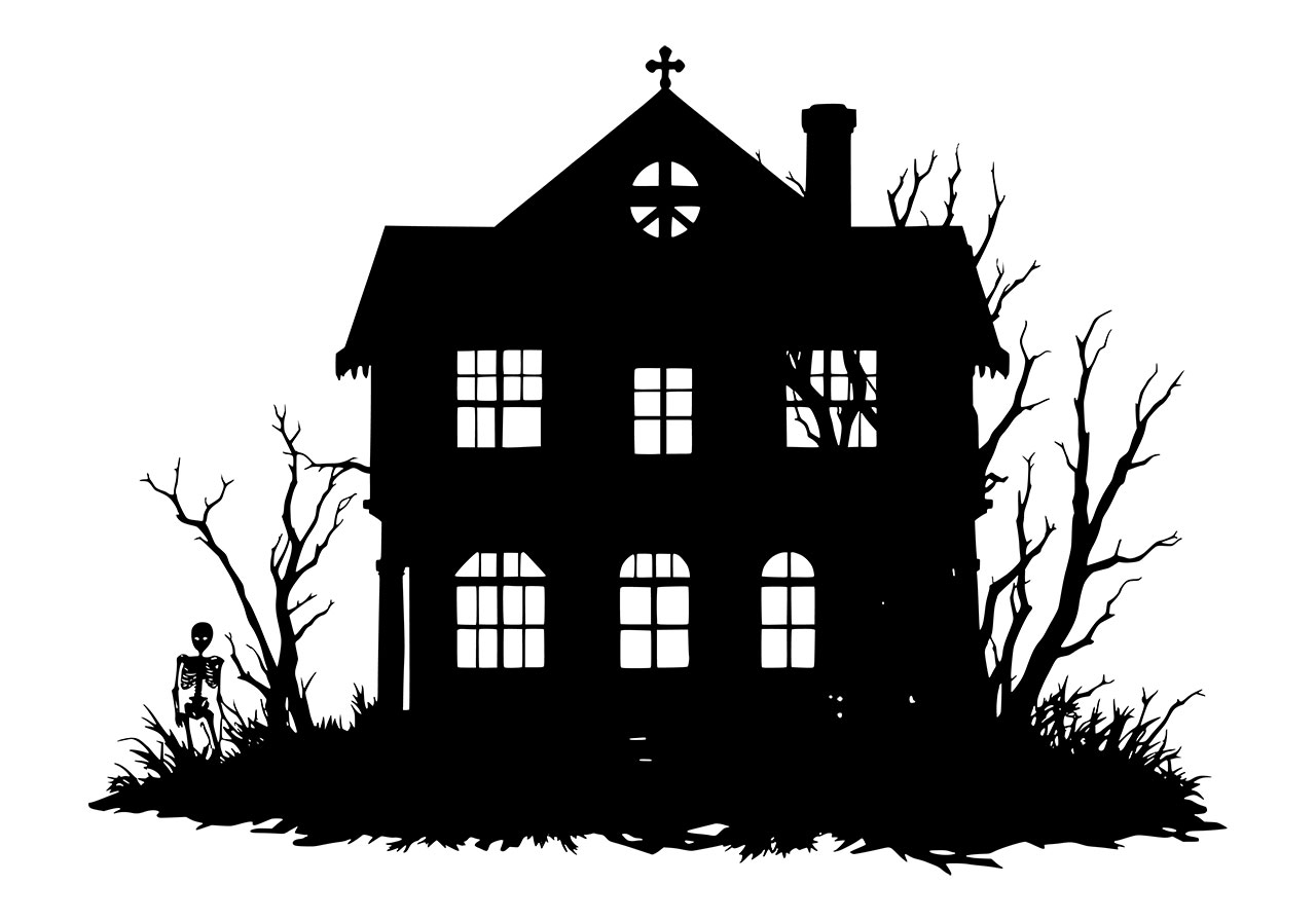 Ghost, haunted house vector graphic. Haunted house clip art vector graphic. Black and white scary house with skeletons silhouette vector graphic. Black and white silhouette of a haunted house vector graphic. Vector graphic with CC0 license, best for a variety of projects, including designs, animations, and more.