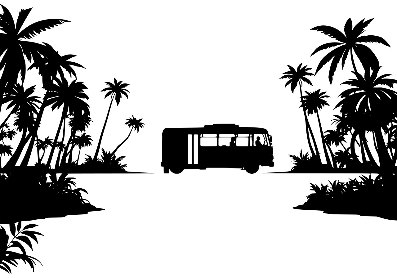 Haunted bus, jungle vector graphic. Black and white clip art of a bus running in a scary jungle vector graphic. Scary jungle, bus vector graphic. A bus, presented as a stark black silhouette vector graphic. Vector graphic with CC0 license, best for a variety of projects, including designs, animations, and more.