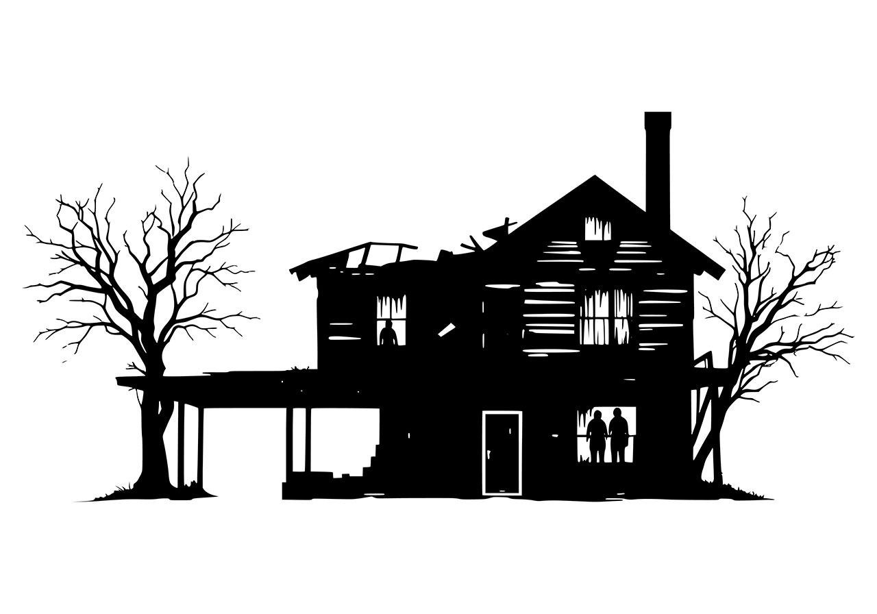 Haunted, scary house vector graphic. Haunted house clip art vector graphic. Black and white silhouette of a haunted house vector graphic. Vector graphic with CC0 license, best for a variety of projects, including designs, animations, and more.