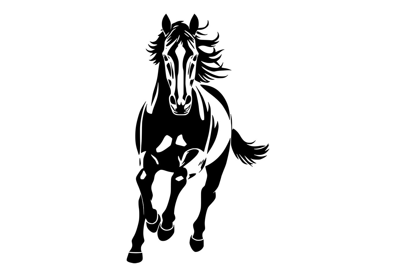 Black and white line art of a horse line art vector graphic. Galloping horse, animal, wildlife vector graphic. Vector graphic with CC0 license, best for a variety of projects, including designs, animations, and more.