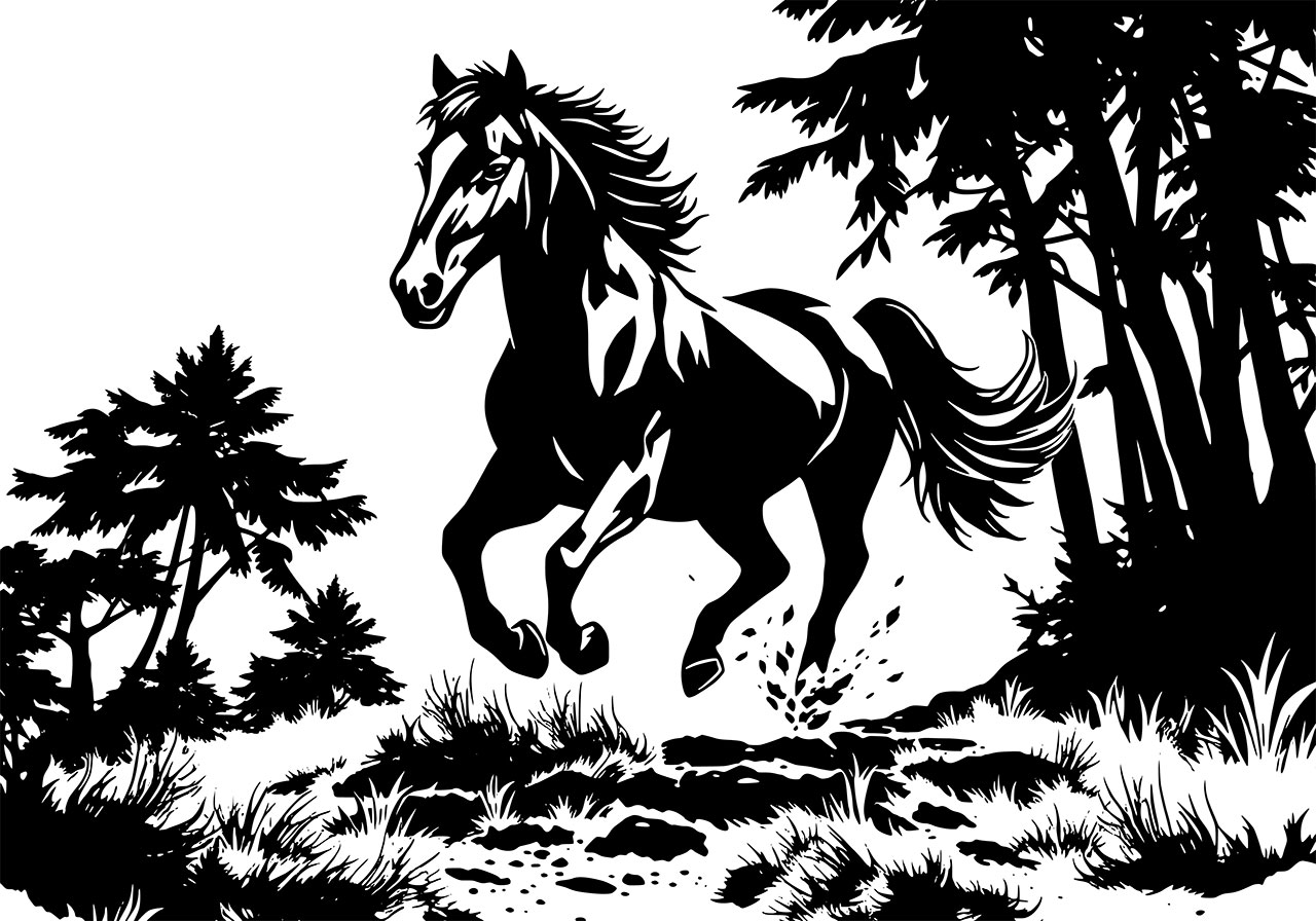 Horse in jungle vector graphic. Horse running in jungle clip art vector graphic. Black and white line art of a horse running in a jungle, forest vector graphic. Horse running in a jungle silhouette vector graphic. Vector graphic with CC0 license, best for a variety of projects, including designs, animations, and more.