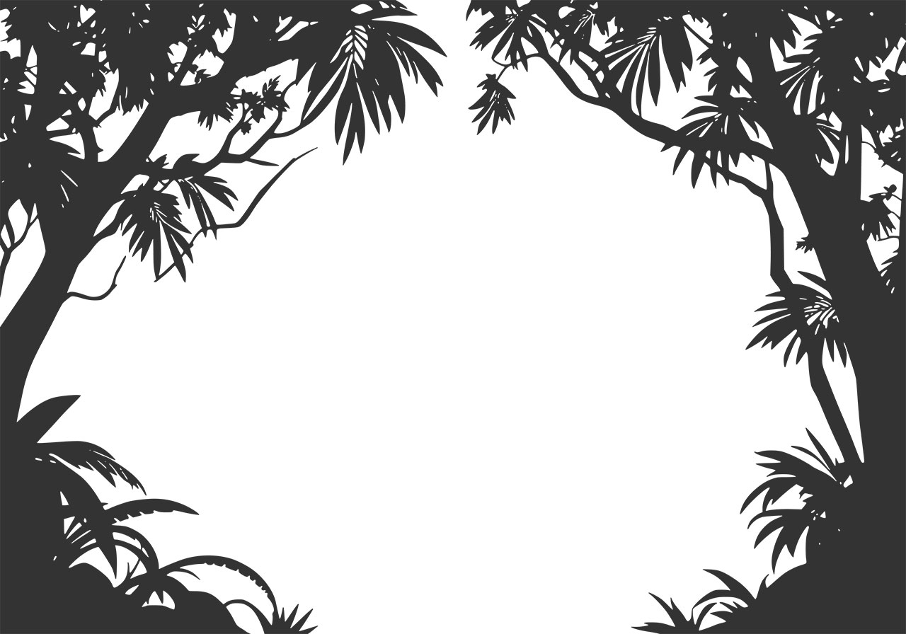 Jungle, bush silhouette vector graphic. Jungle clip art vector graphic. Black and white line art of jungle, bush, shrub vector graphic. Lush foliage of a tropical environment, depicted as dark silhouettes vector graphic. Vector graphic with CC0 license, best for a variety of projects, including designs, animations, and more.