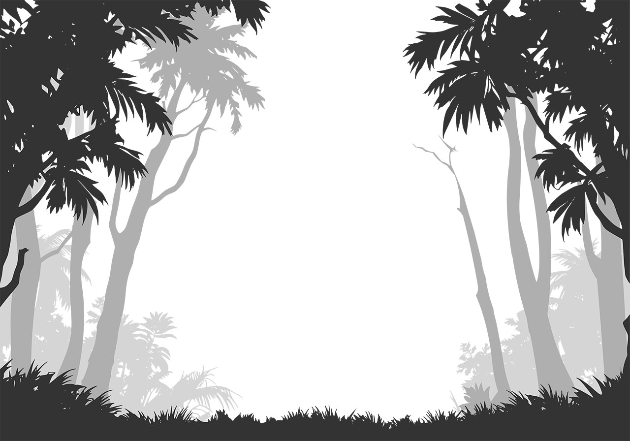 Jungle, forest silhouette vector graphic. Silhouette of a jungle clip art vector graphic. Black and white silhouette of a jungle line art vector graphic. The silhouettes of trees and dense foliage, framed by a dark, grassy foreground vector graphic. Vector graphic with CC0 license, best for a variety of projects, including designs, animations, and more.