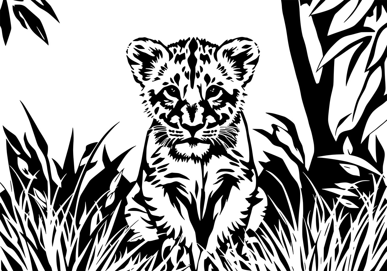 Lion, cub, animal vector graphic. A lion's cub in jungle clip art vector graphic. Black and white line art of a cub in jungle vector graphic. A cute cub in jungle silhouette vector graphic. Vector graphic with CC0 license, best for a variety of projects, including designs, animations, and more.
