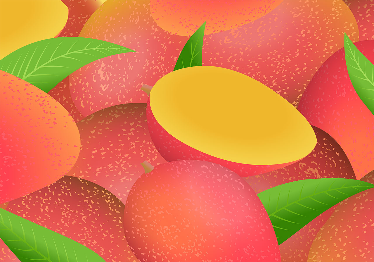 Mangoes with leaves vector graphic. Fruits with leaves vector graphic. Whole and halved mangoes, arranged in a tight, overlapping pattern vector graphic. Vector graphic with CC0 license, best for a variety of projects, including designs, animations, and more.