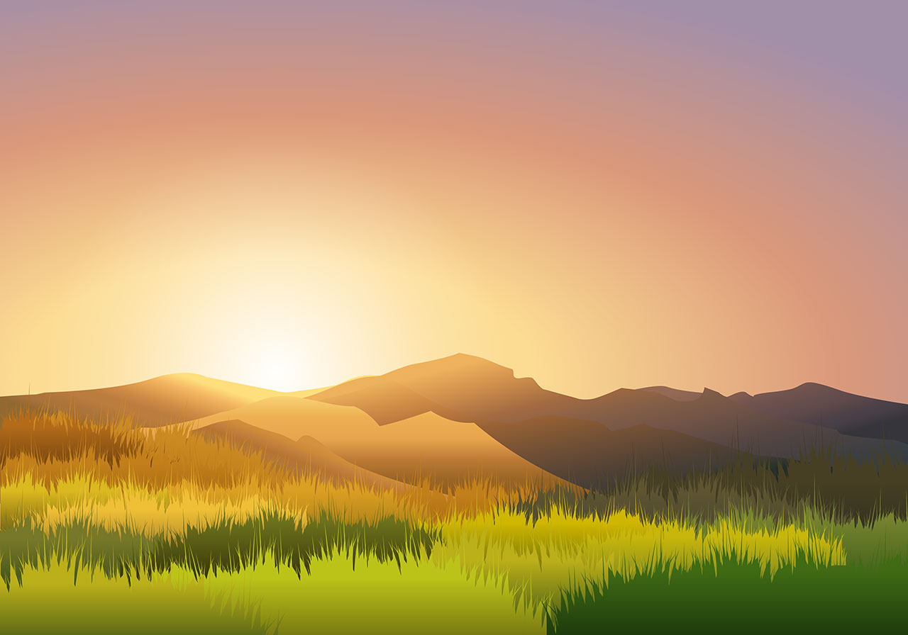 Mountain, hill landscape vector graphic. Stunning sunrise over mountain, hill scenery vector graphic. Mountain with grassland vector graphic. Nature, landscape, scenery vector graphic. Vector graphic with CC0 license, best for a variety of projects, including designs, animations, and more.